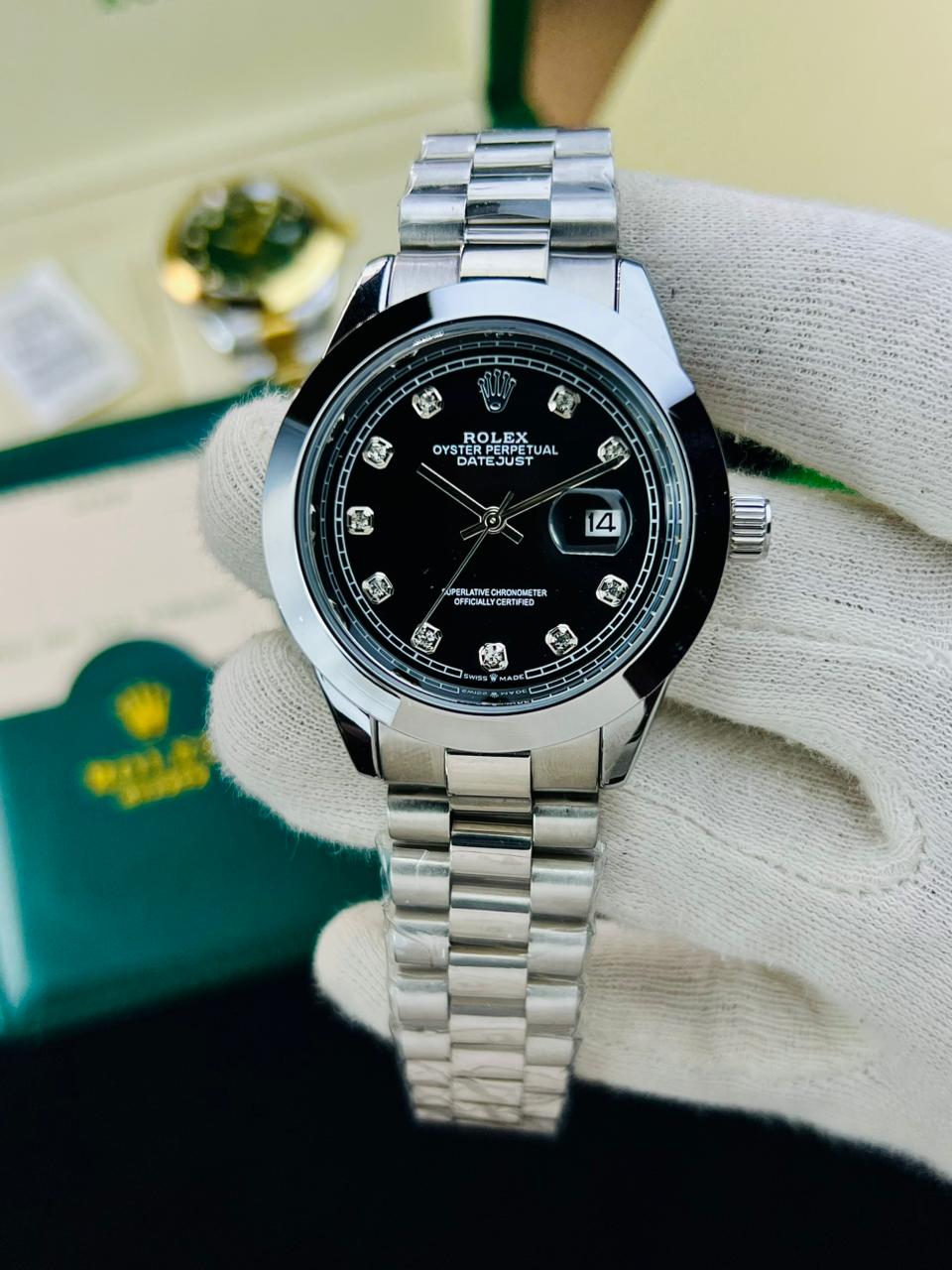 Silver Chain Black Dial Diamond-Style Rlx Men’s Watch With Date Display